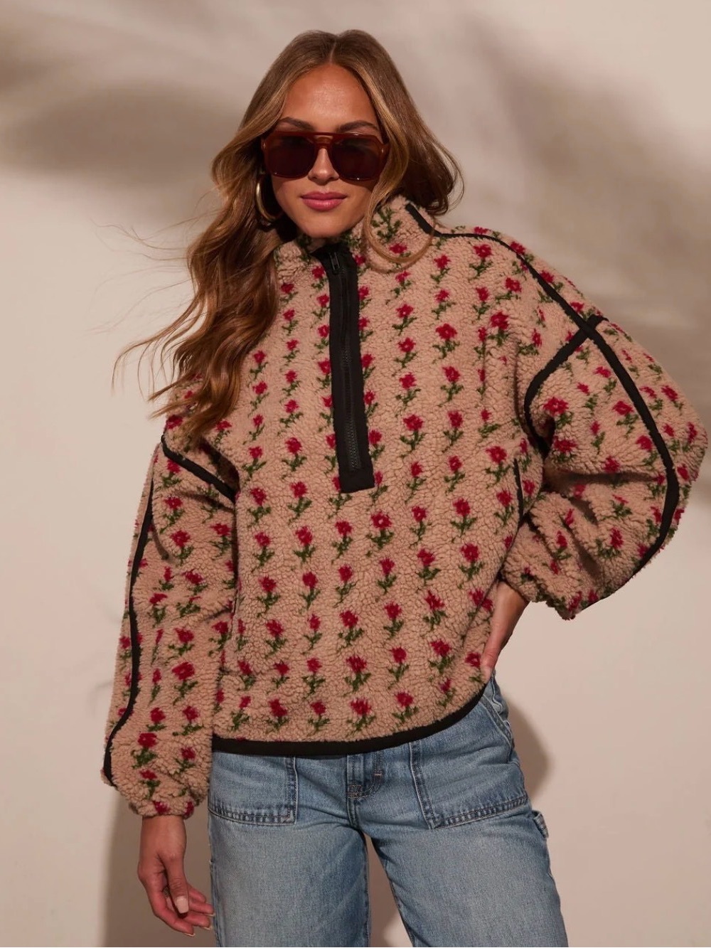 Promesa Beige Sherpa Jacket with Pink Rose Print
